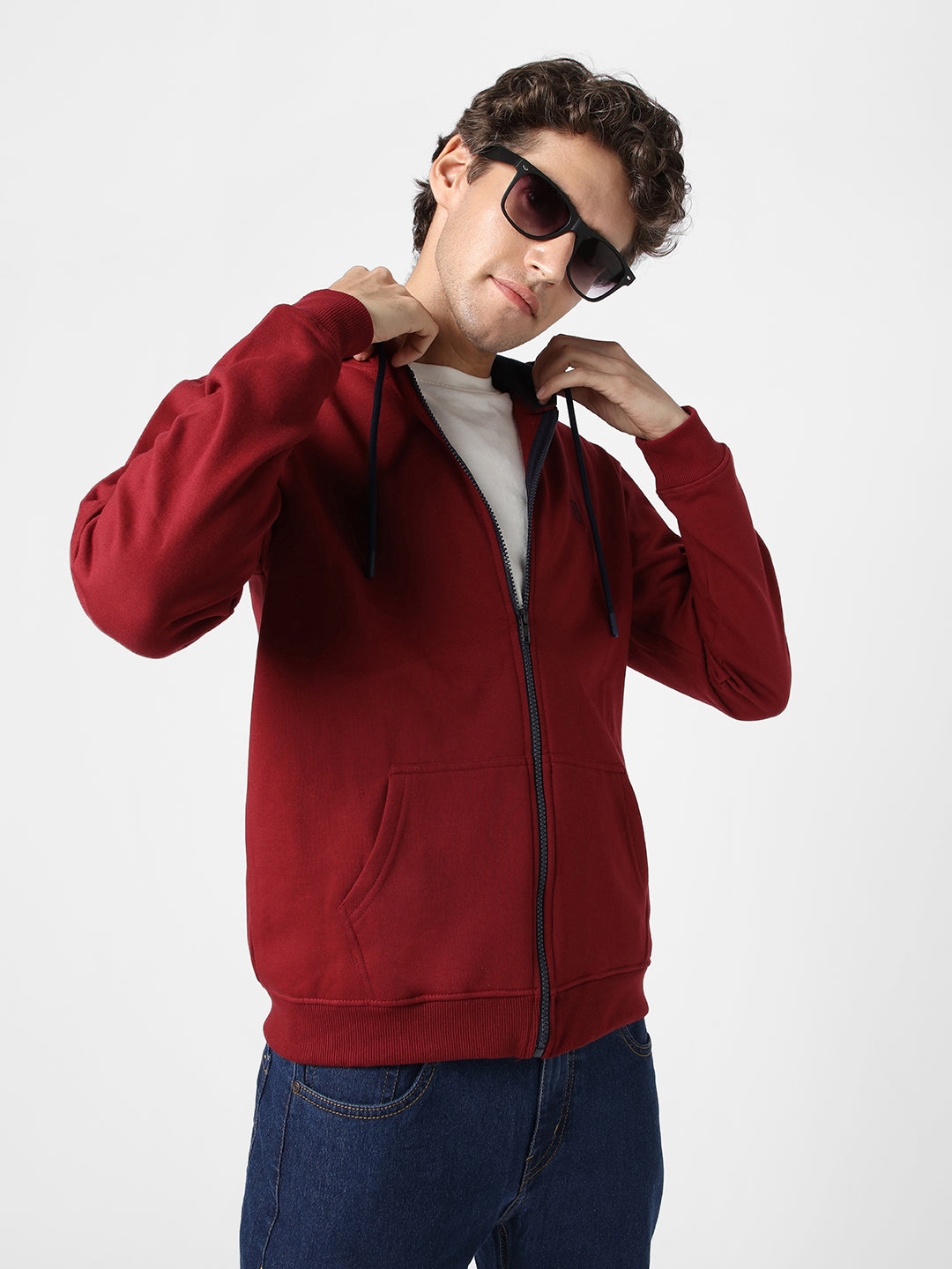 Men's Maroon, Navy Cotton Zippered Hooded Sweatshirt