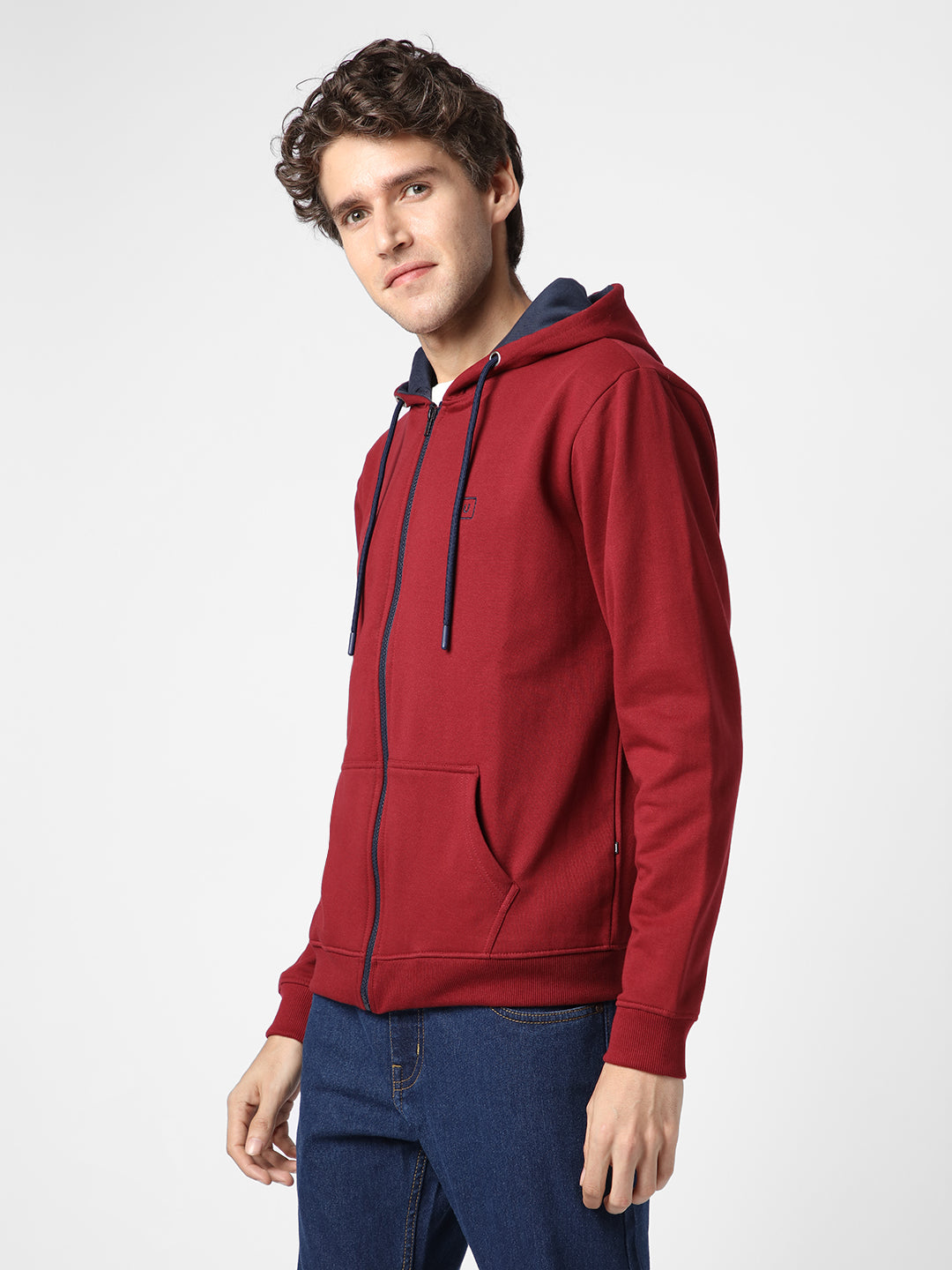 Men's Maroon, Navy Cotton Zippered Hooded Sweatshirt