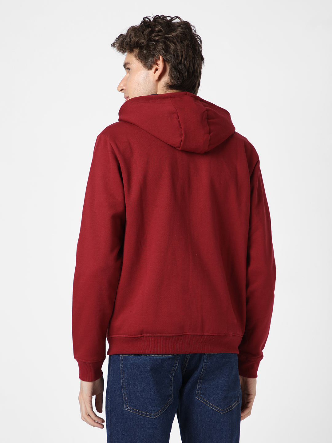 Men's Maroon, Navy Cotton Zippered Hooded Sweatshirt