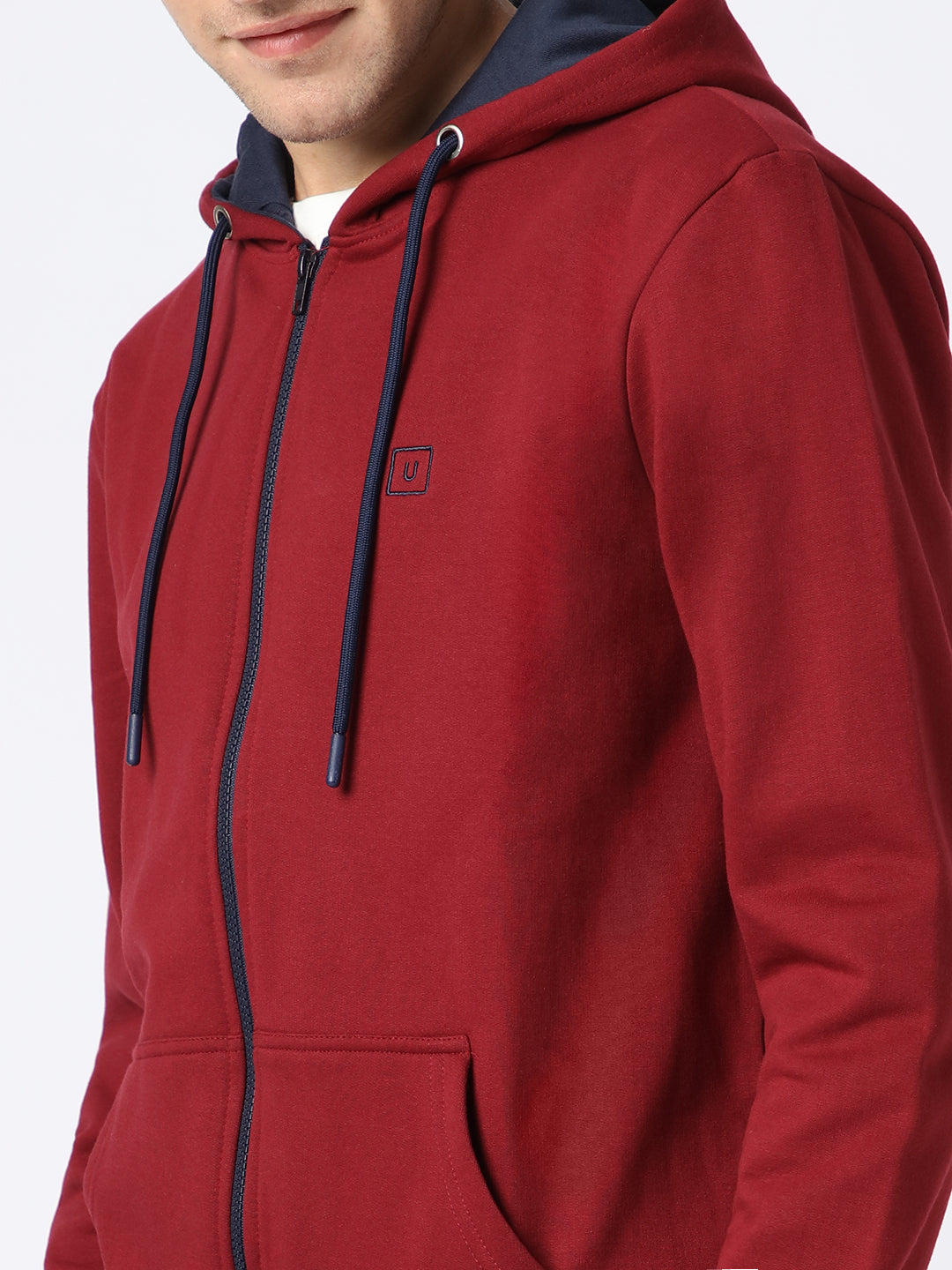 Men's Maroon, Navy Cotton Zippered Hooded Sweatshirt