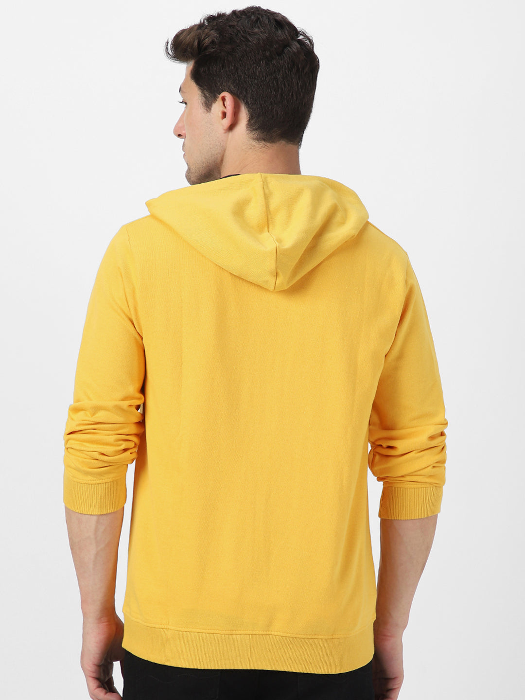 Men's Yellow, Navy Cotton Zippered Hooded Sweatshirt