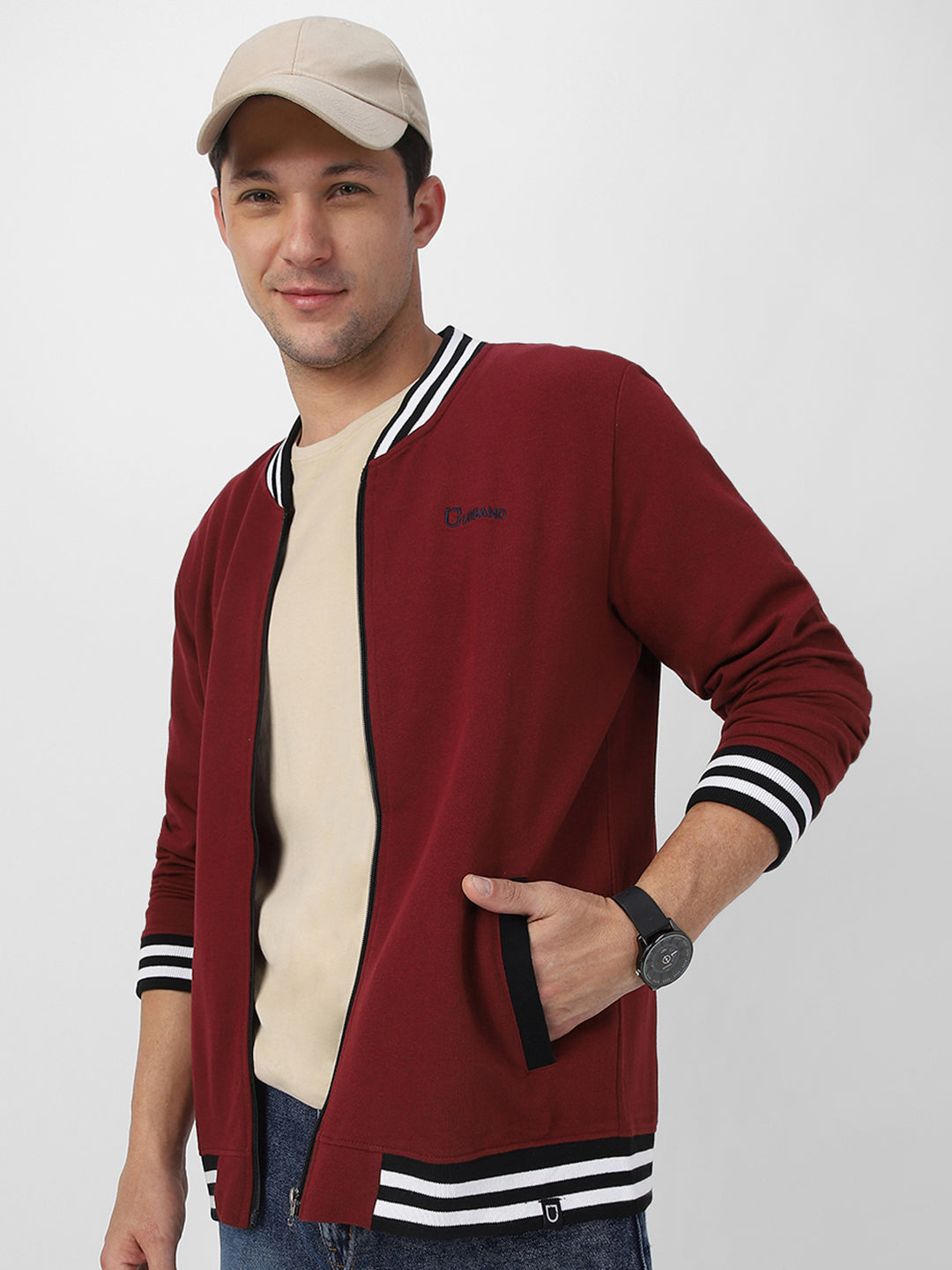 Men's Maroon Cotton Zippered Varsity Sweatshirt