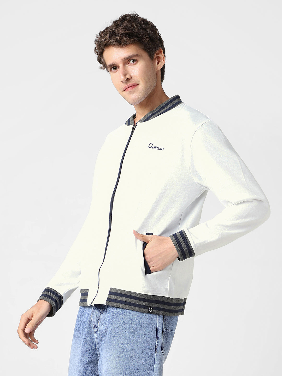 Men's White Cotton Zippered Varsity Sweatshirt