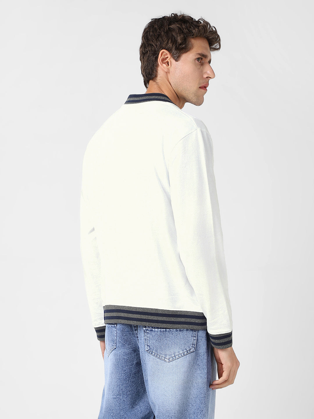 Men's White Cotton Zippered Varsity Sweatshirt