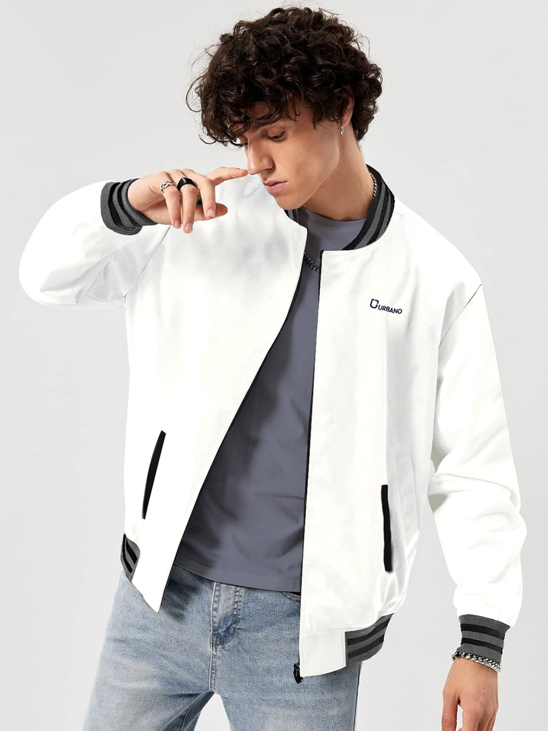 Men's White Cotton Zippered Varsity Sweatshirt