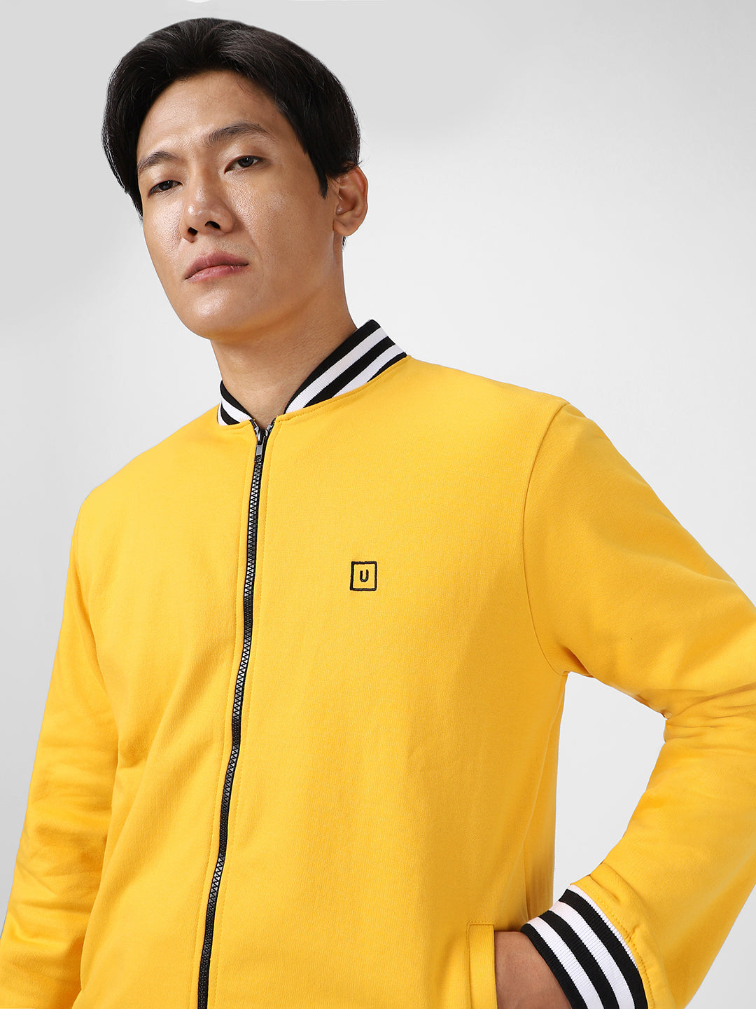 Men's Yellow Cotton Zippered Varsity Sweatshirt