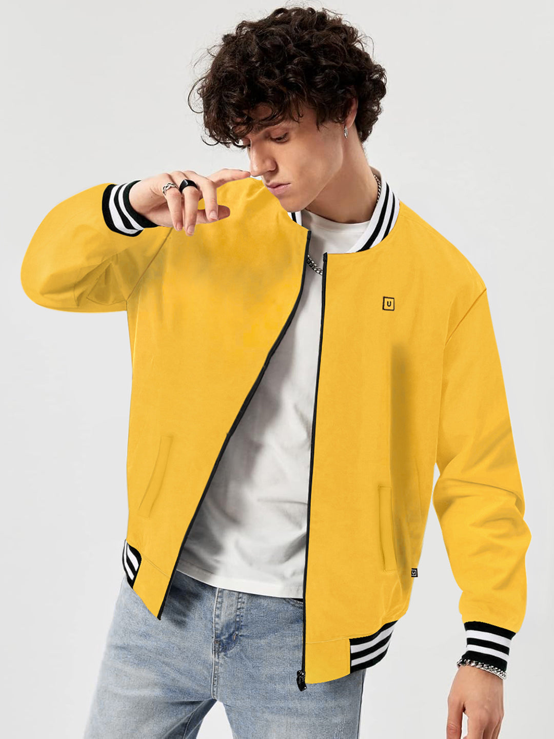 Men's Yellow Cotton Zippered Varsity Sweatshirt