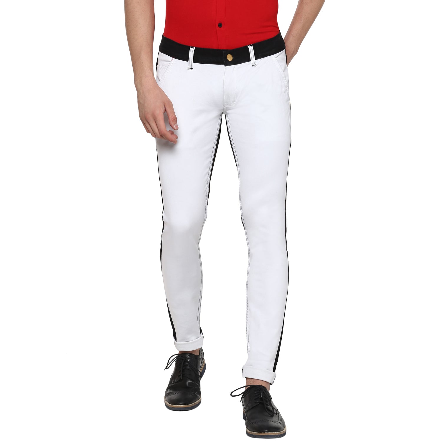 Men's White & Black Color-Block Slim Fit Washed Jeans Stretch