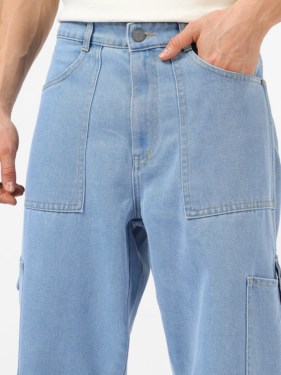 Men's Ice Blue Loose Baggy Fit Washed Cargo Jeans with 6 Pockets Non-Stretchable