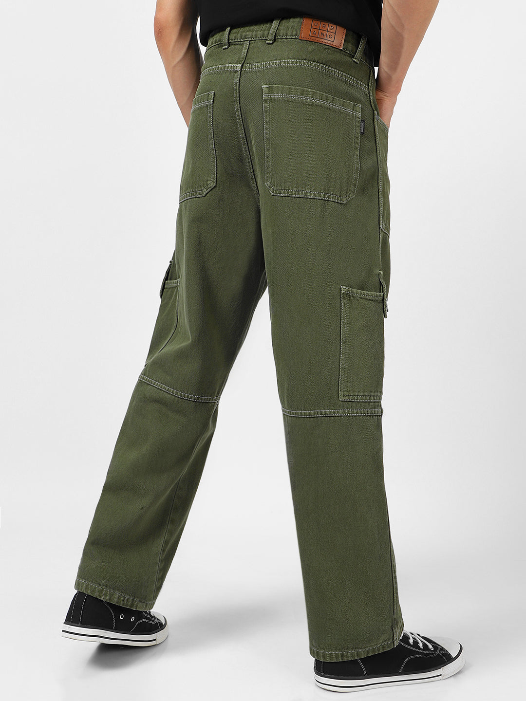 Men's Olive Green Loose Baggy Fit Washed Cargo Jeans With 6 Pockets No ...