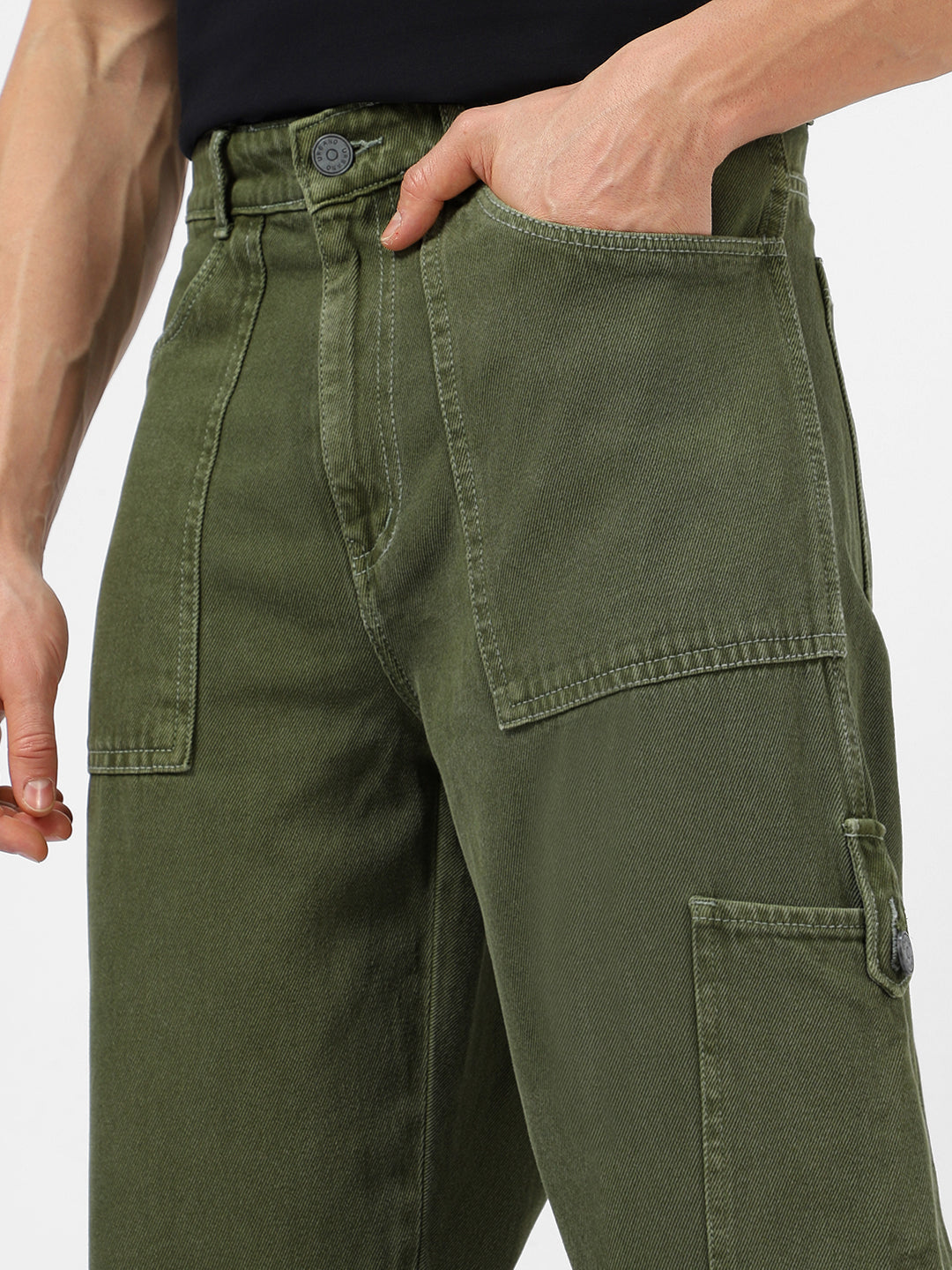 Men's Olive Green Loose Baggy Fit Washed Cargo Jeans with 6 Pockets Non-Stretchable