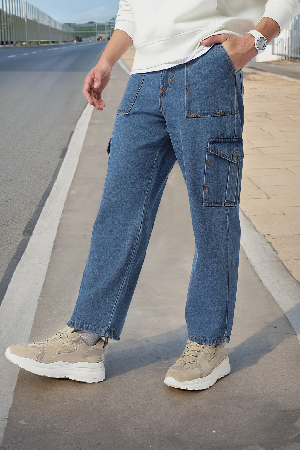 Men's Light Blue Loose Fit Cargo Jeans with 6 Pockets Non-Stretchable