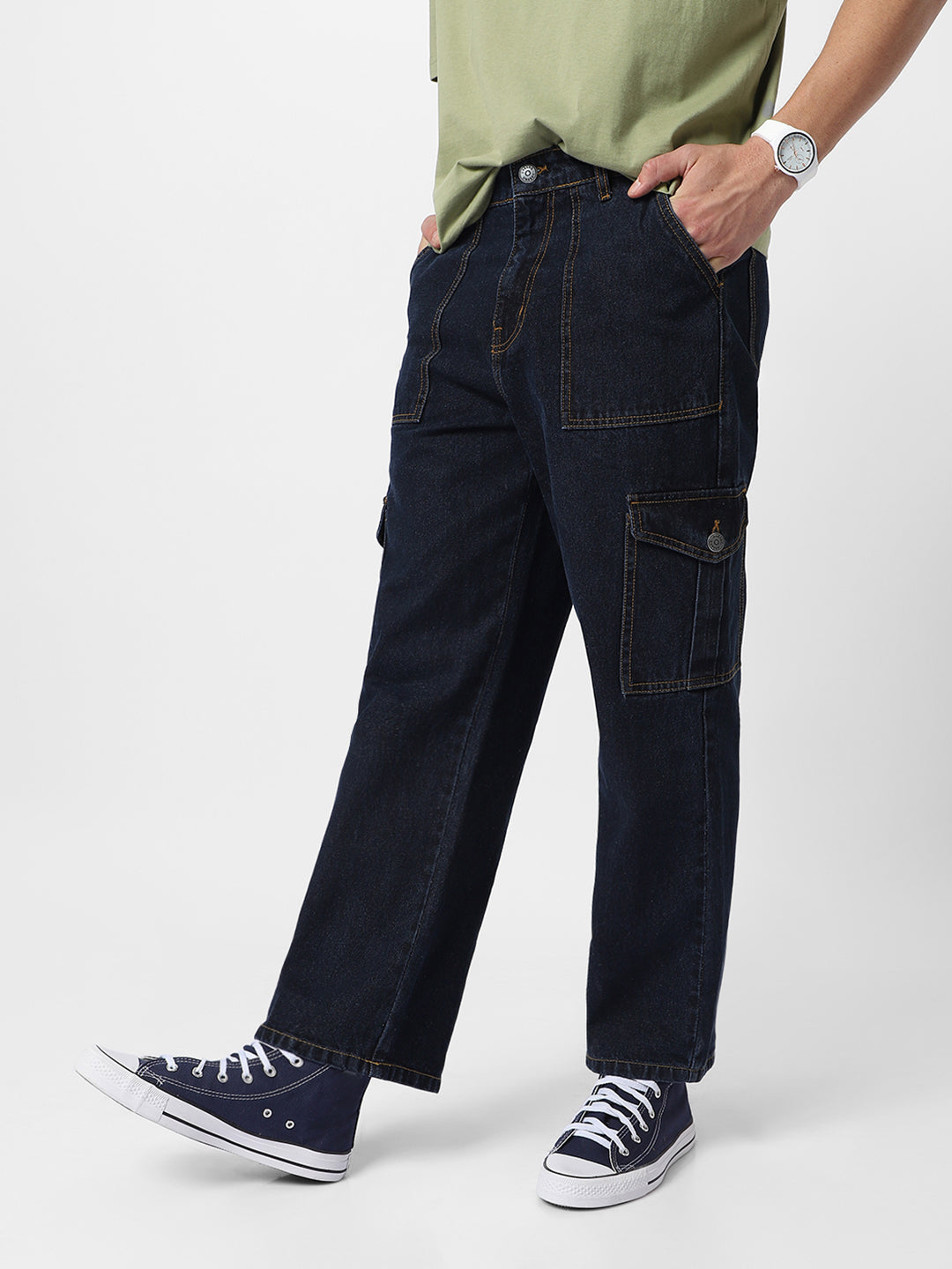 Men's Blue Loose Baggy Fit Cargo Jeans with 6 Pockets Non-Stretchable