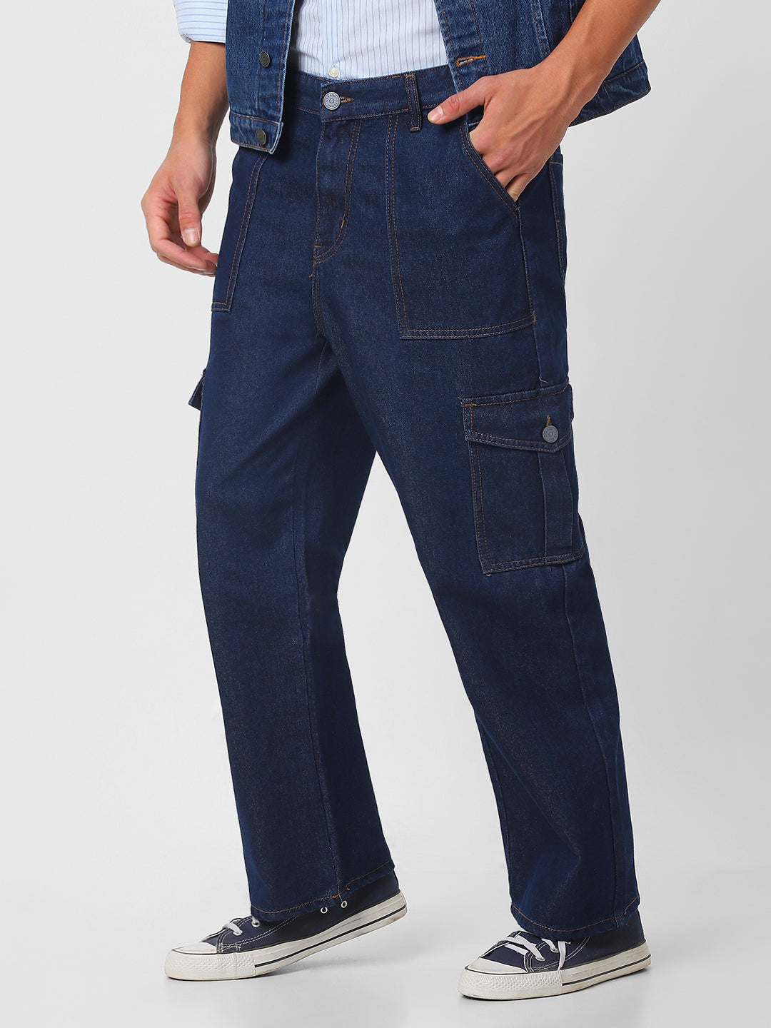 Men's Blue Loose Fit Cargo Jeans with 6 Pockets Non-Stretchable