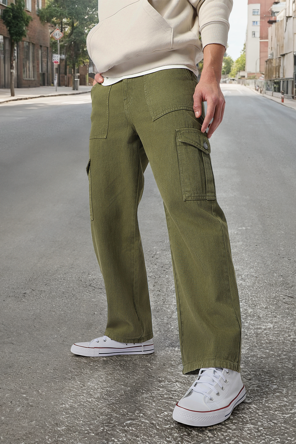 Men's Olive Green Loose Fit Cargo Jeans with 6 Pockets Non-Stretchable