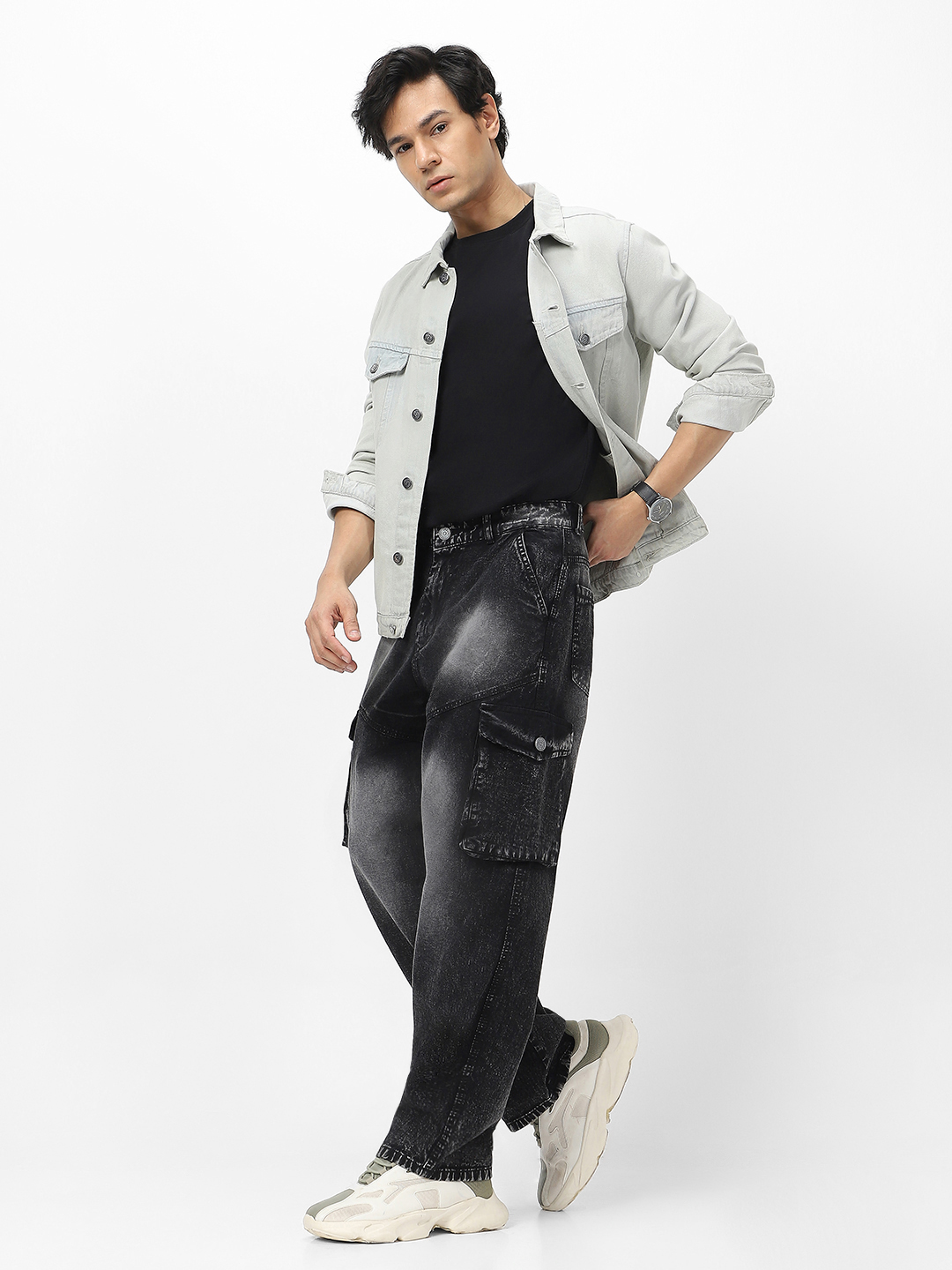 Men's Black Loose Fit Cargo Jeans With 7 Pockets Non Stretchable