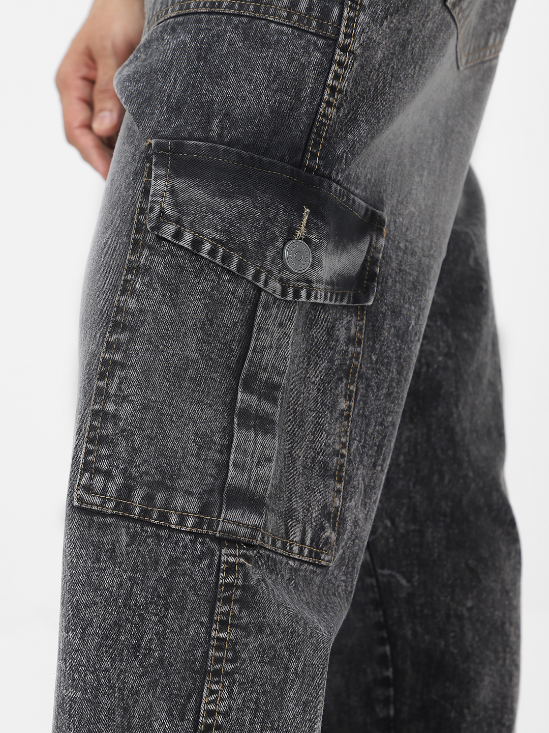 Men's Grey Loose Baggy Fit Washed Cargo Jeans with 6 Pockets Non-Stretchable