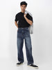 Men's Dark Blue Loose Baggy Fit Washed Jeans Non-Stretchable