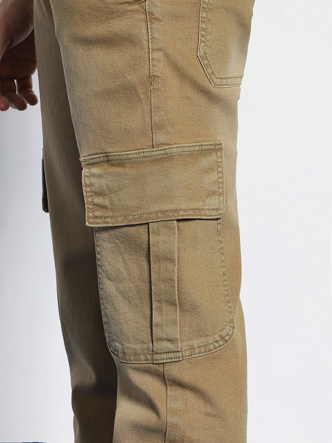 Men's Dark Khaki Regular Fit Washed Cargo Jeans With 6 Pockets Stretchable