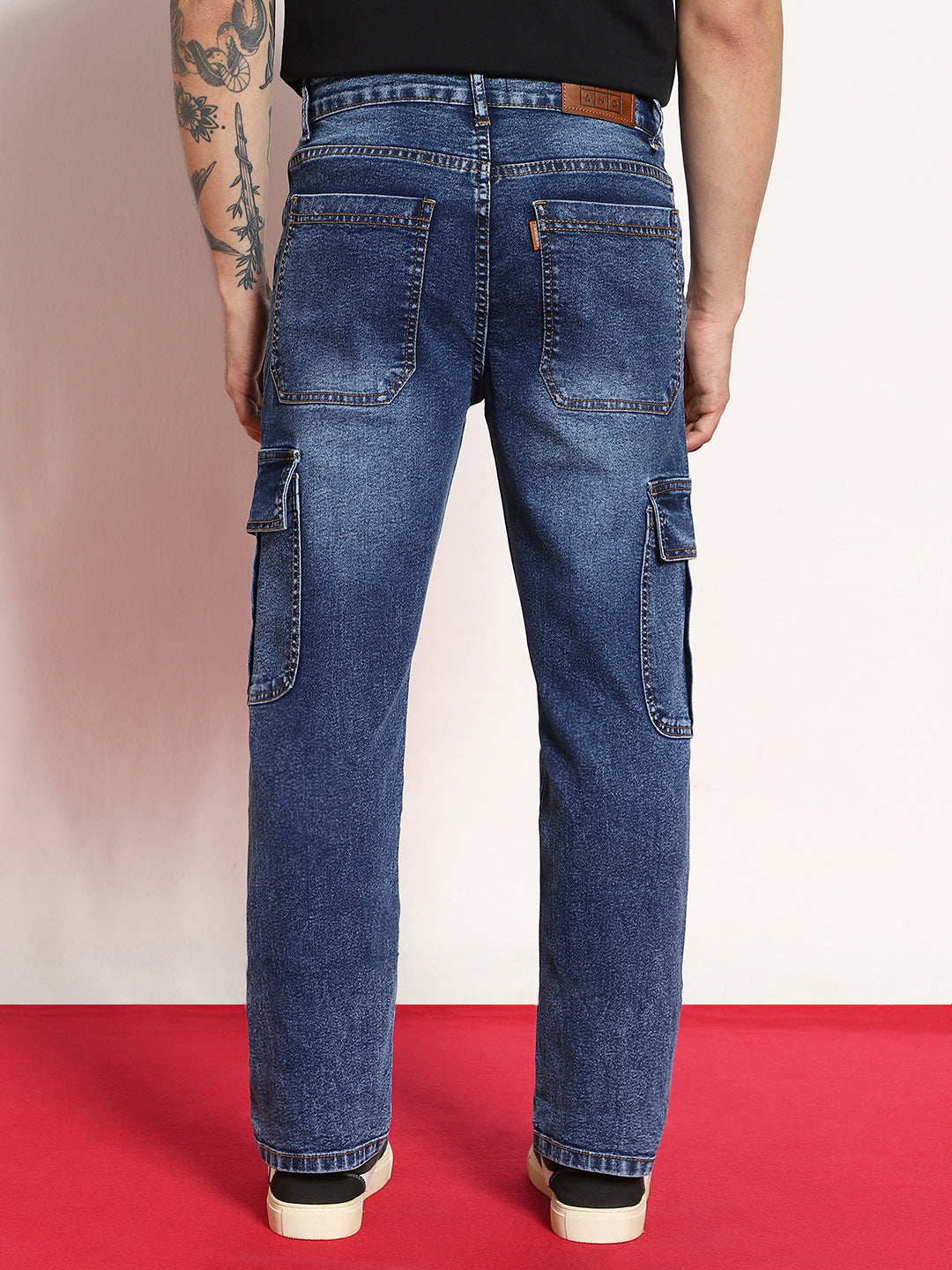 Men's Blue Regular Fit Washed Cargo Jeans With 6 Pockets Stretchable