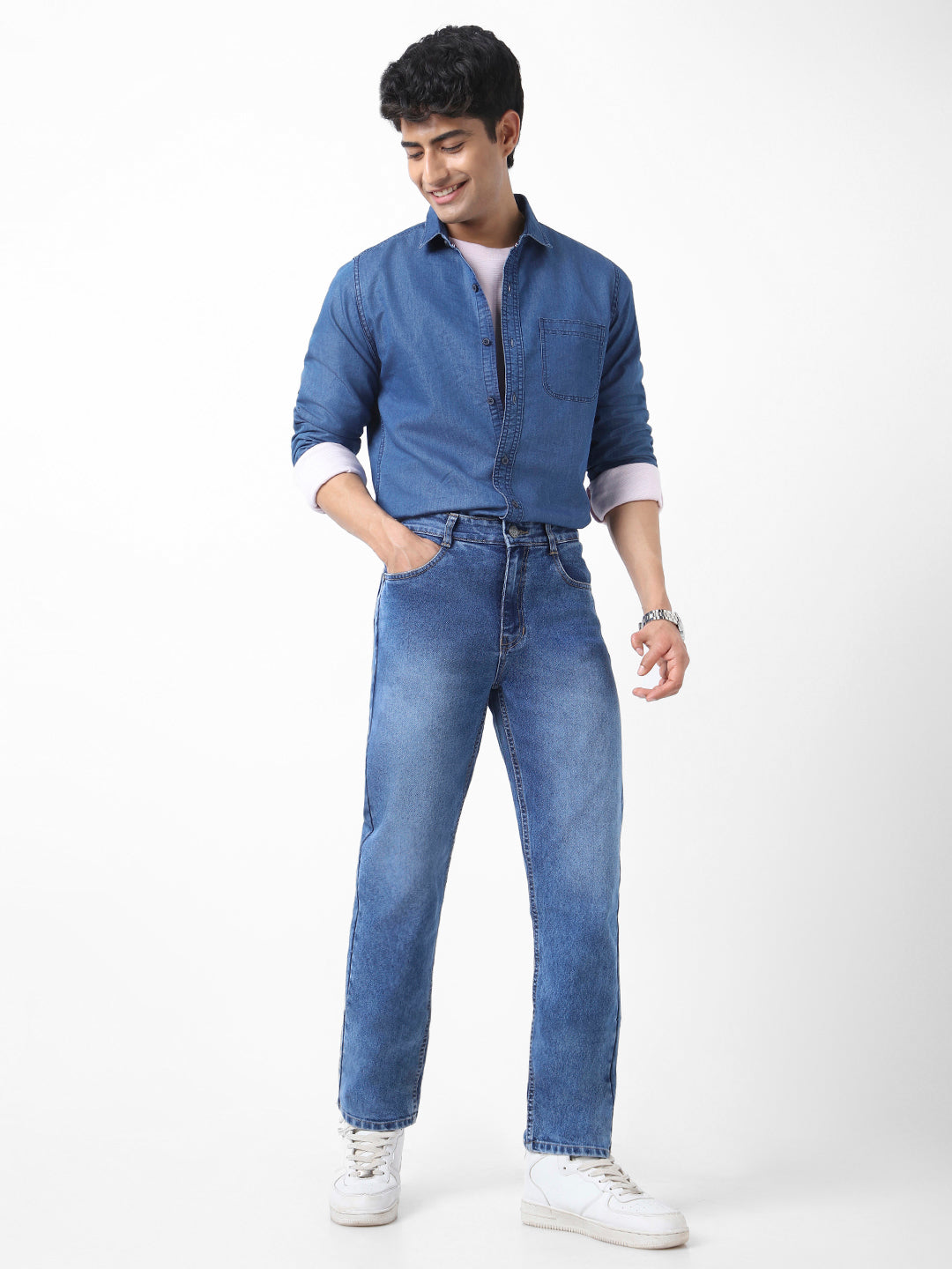 Men's Blue Straight Fit Washed Jeans Stretchable