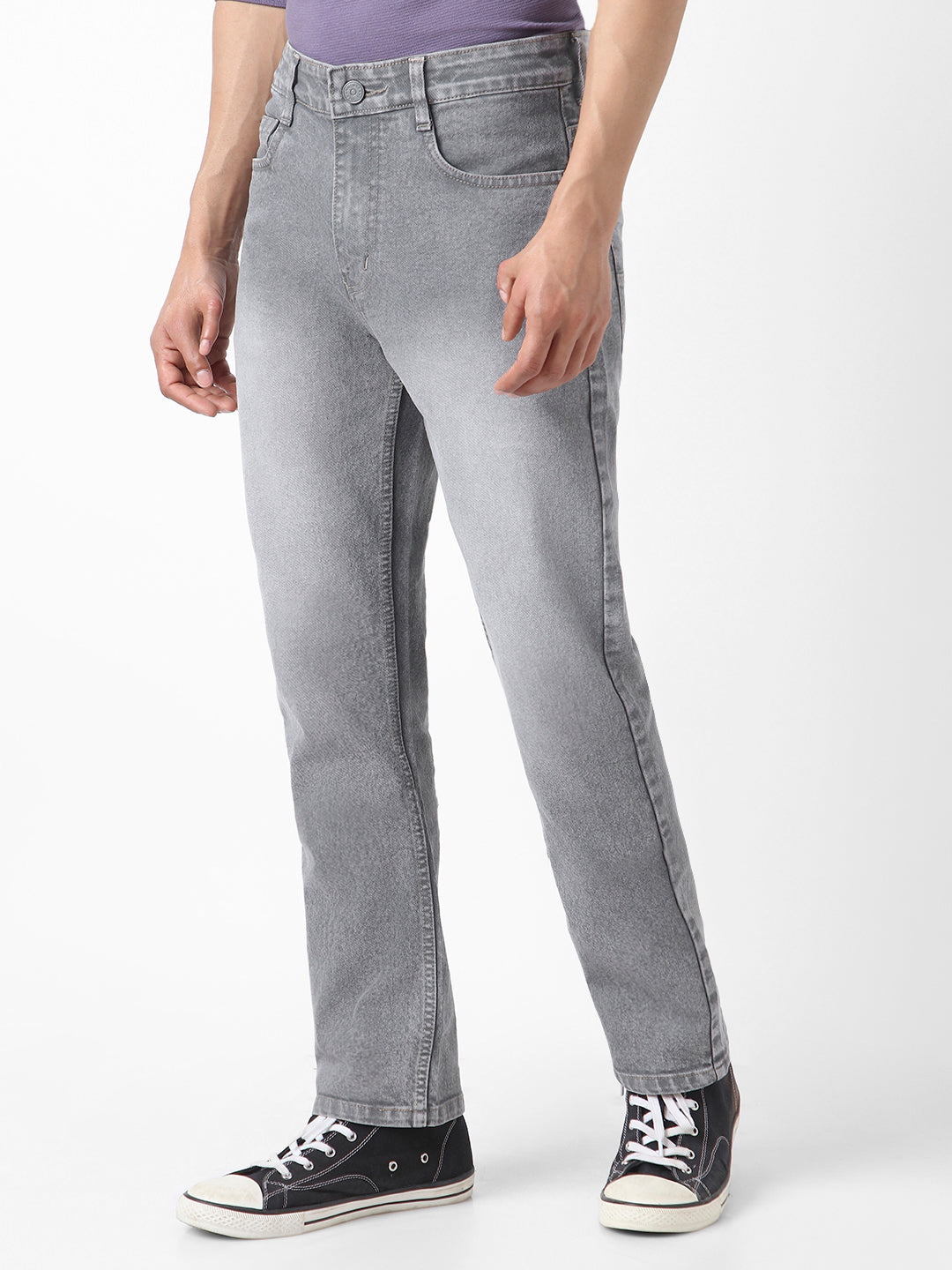 Men's Grey Straight Fit Washed Jeans Stretchable