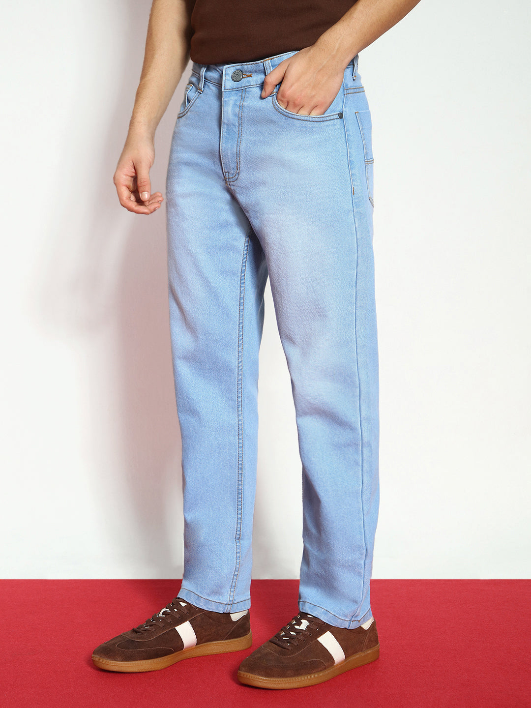 Men's Ice Blue Straight Fit Washed Jeans Stretchable