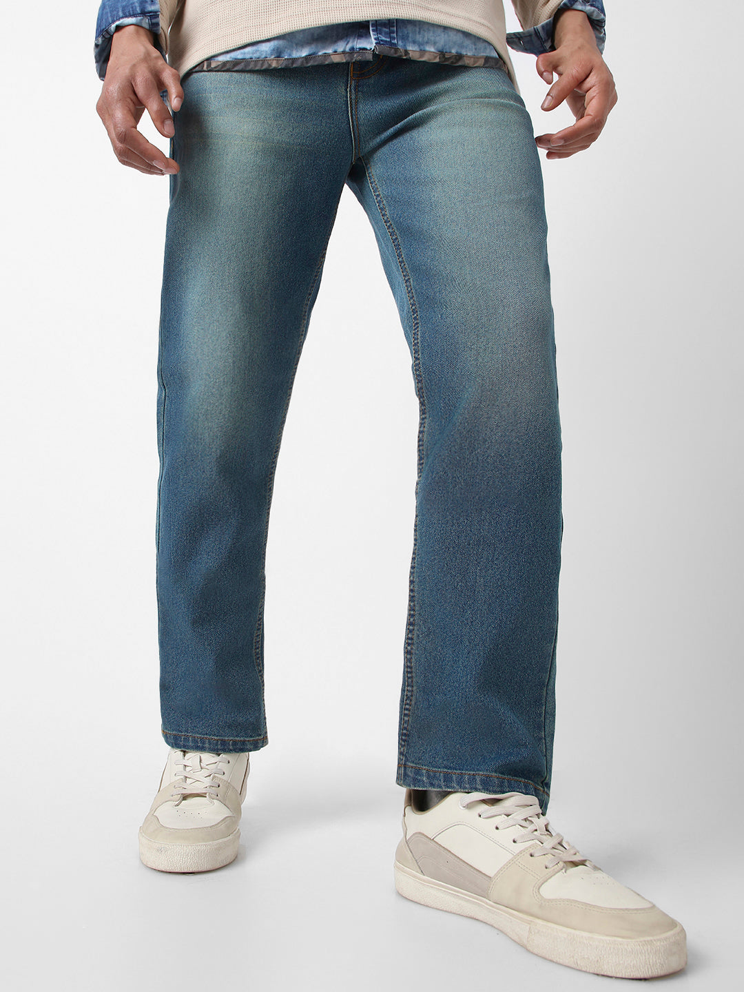 Men's Light Blue Straight Fit Washed Jeans Stretchable