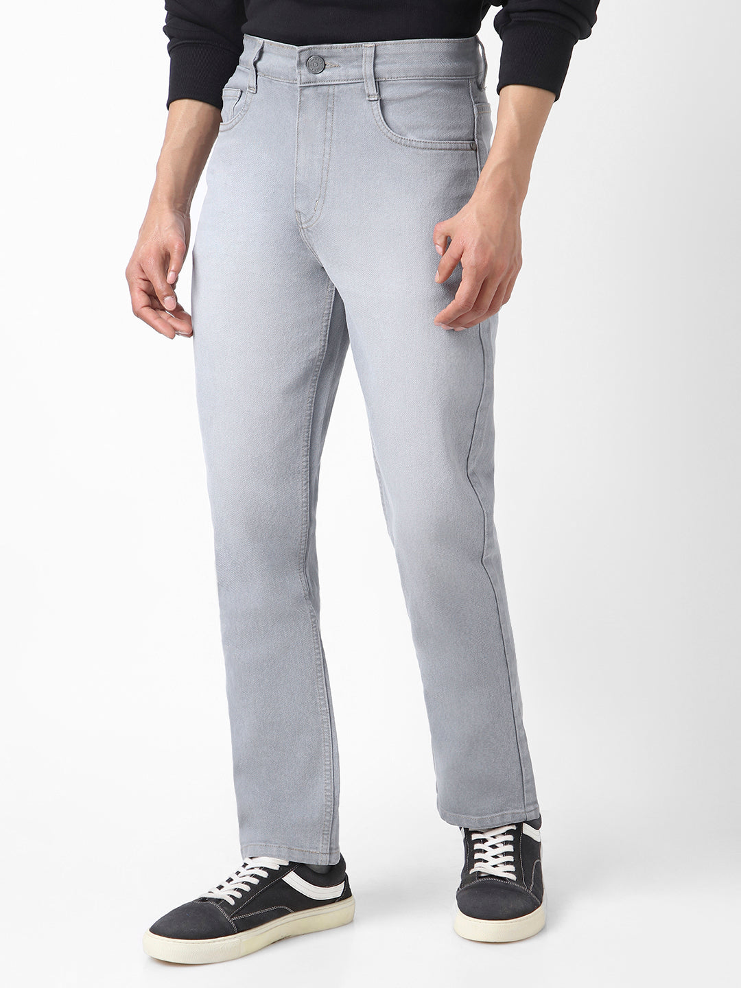 Men's Light Grey Straight Fit Washed Jeans Stretchable