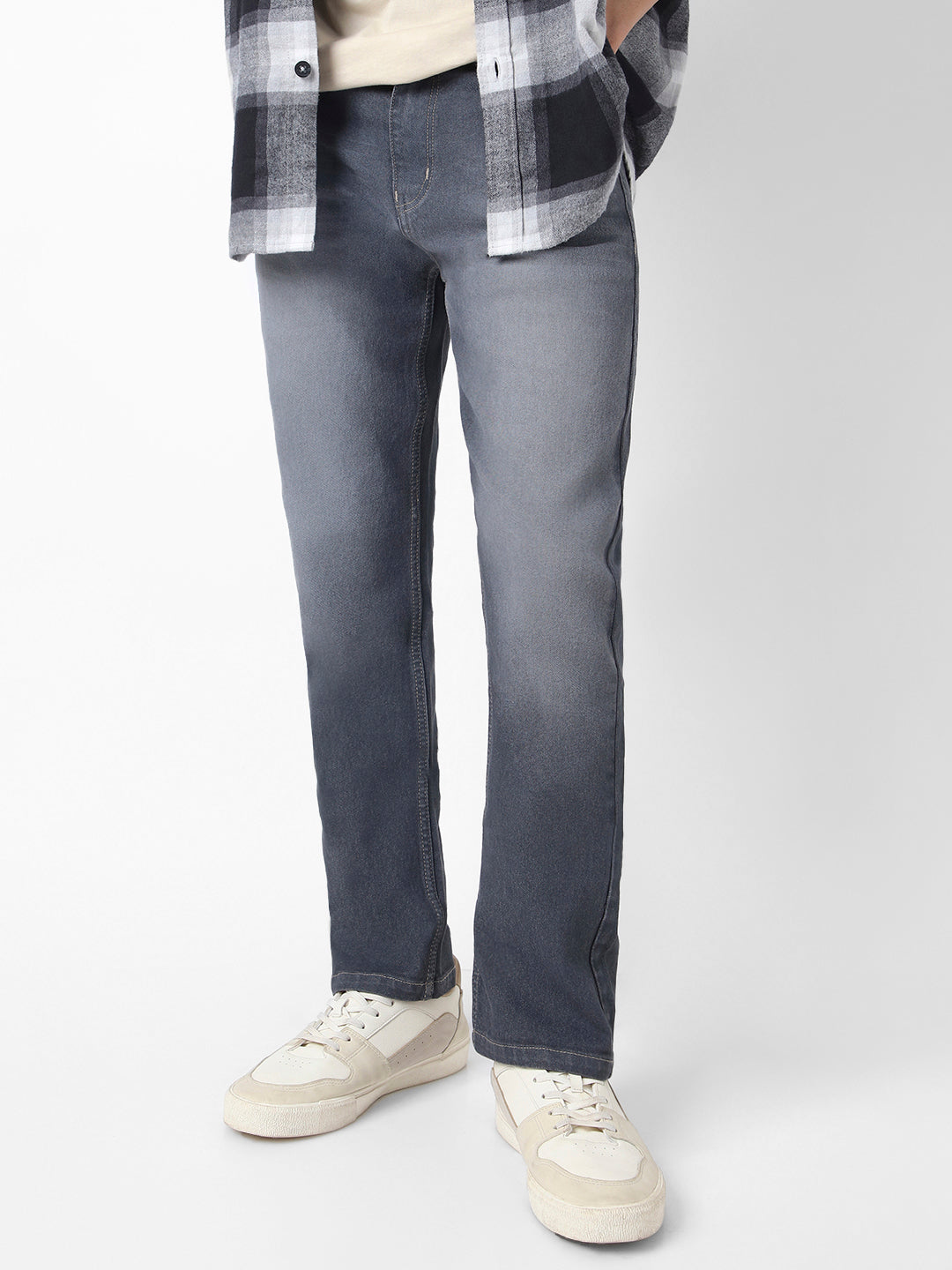 Men's Grey Straight Fit Washed Jeans Stretchable