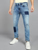 Men's Blue Slim Fit Heavy Washed Mild Distressed Patched Jeans Stretch