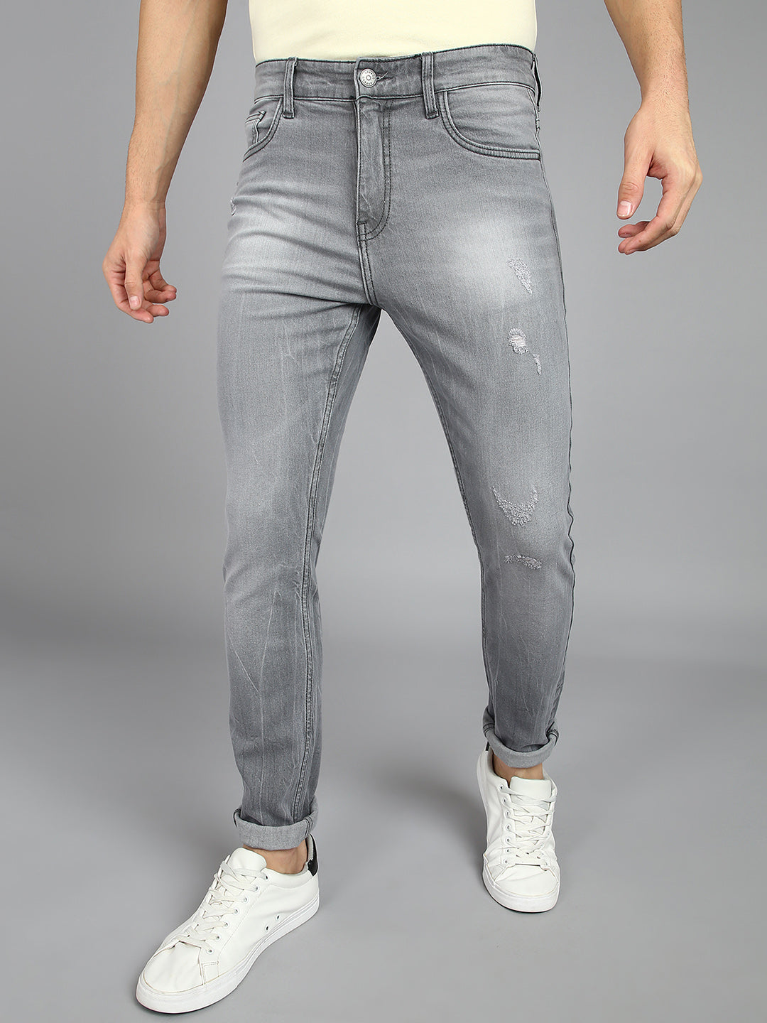 Men's Grey Slim Fit Heavy Washed Mild Distressed Jeans Stretchable