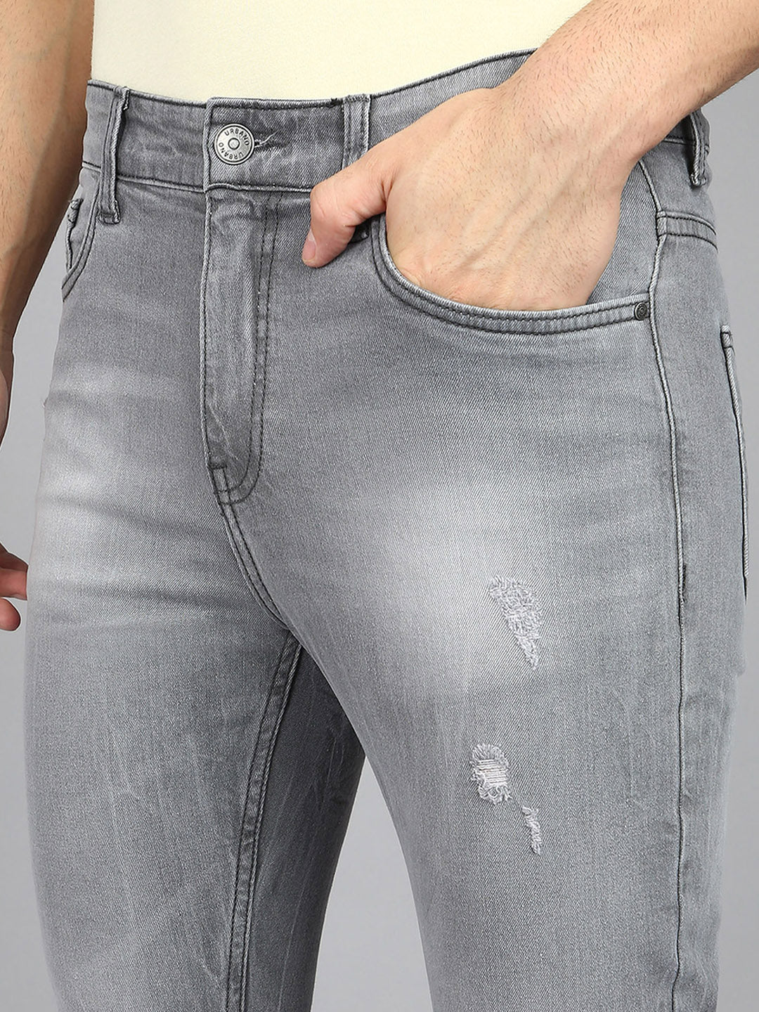 Men's Grey Slim Fit Heavy Washed Mild Distressed Jeans Stretchable