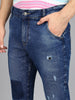 Men's Blue Slim Fit Heavy Washed Mild Distressed Patched Jeans Stretch