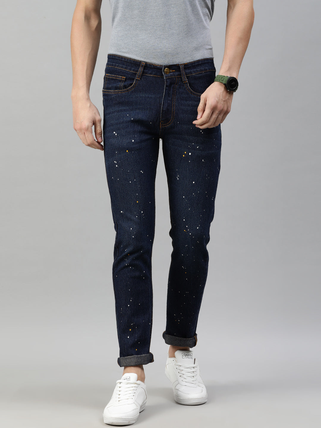 Men's Blue Slim Fit Washed Splatter Printed Jeans Stretchable