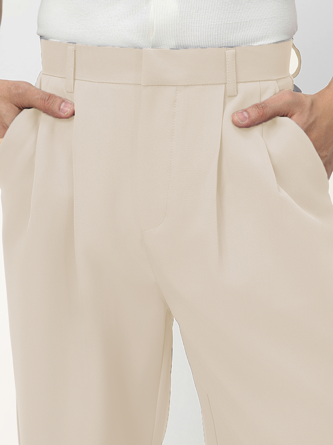 Men's Cream Loose Baggy Fit Solid Korean Pants Stretchable