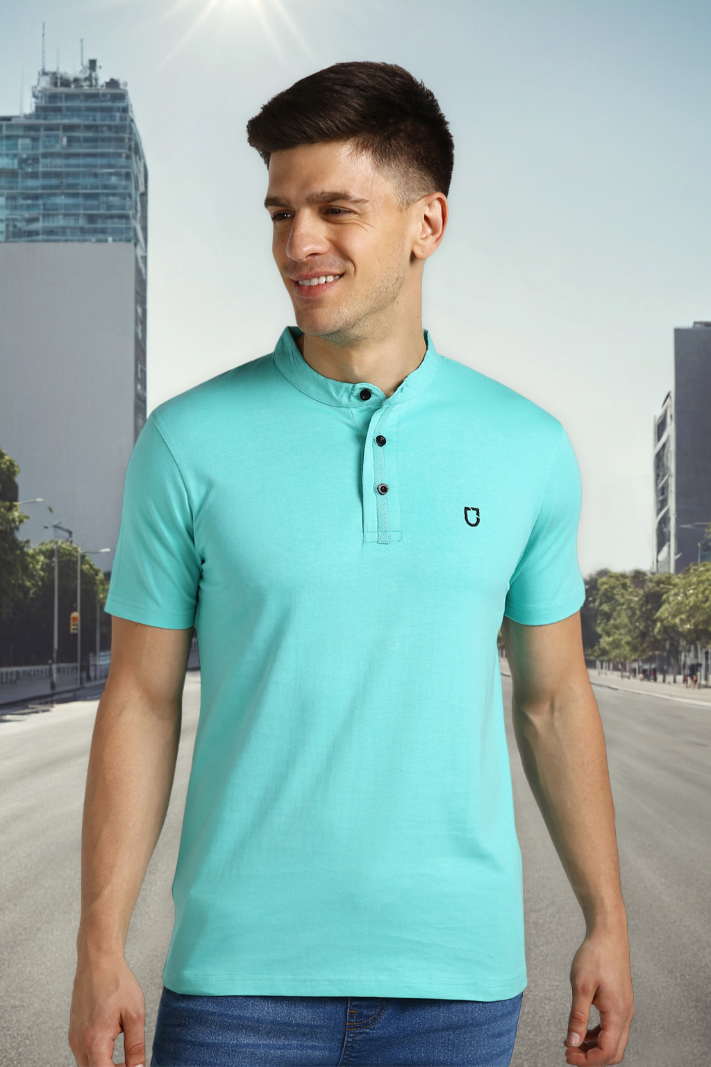 Men's Aqua Green Solid Mandarin Collar Slim Fit Half Sleeve Cotton T-Shirt