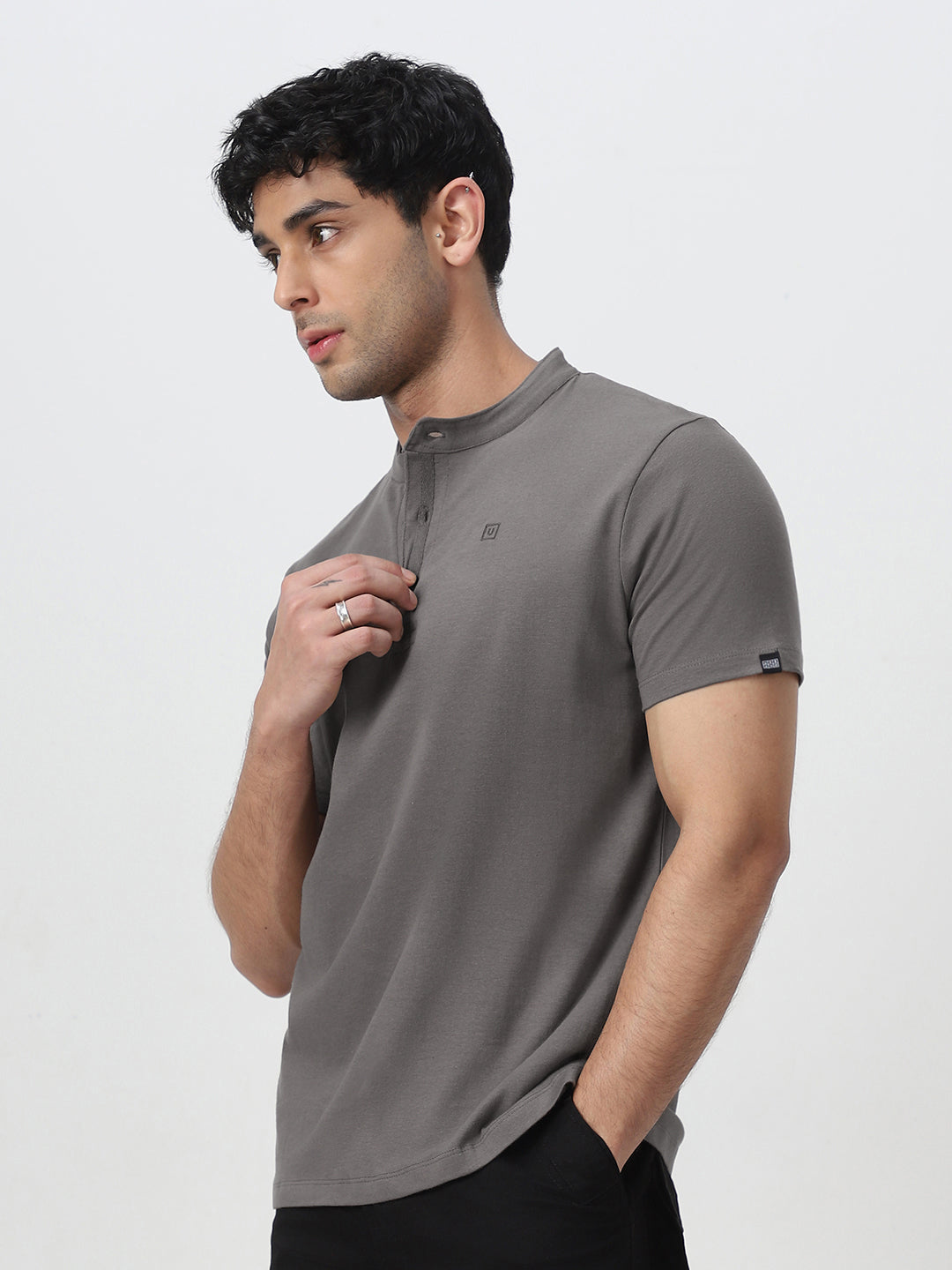 Men's Dark Grey Solid Mandarin Collar Slim Fit Half Sleeve Cotton T-Shirt