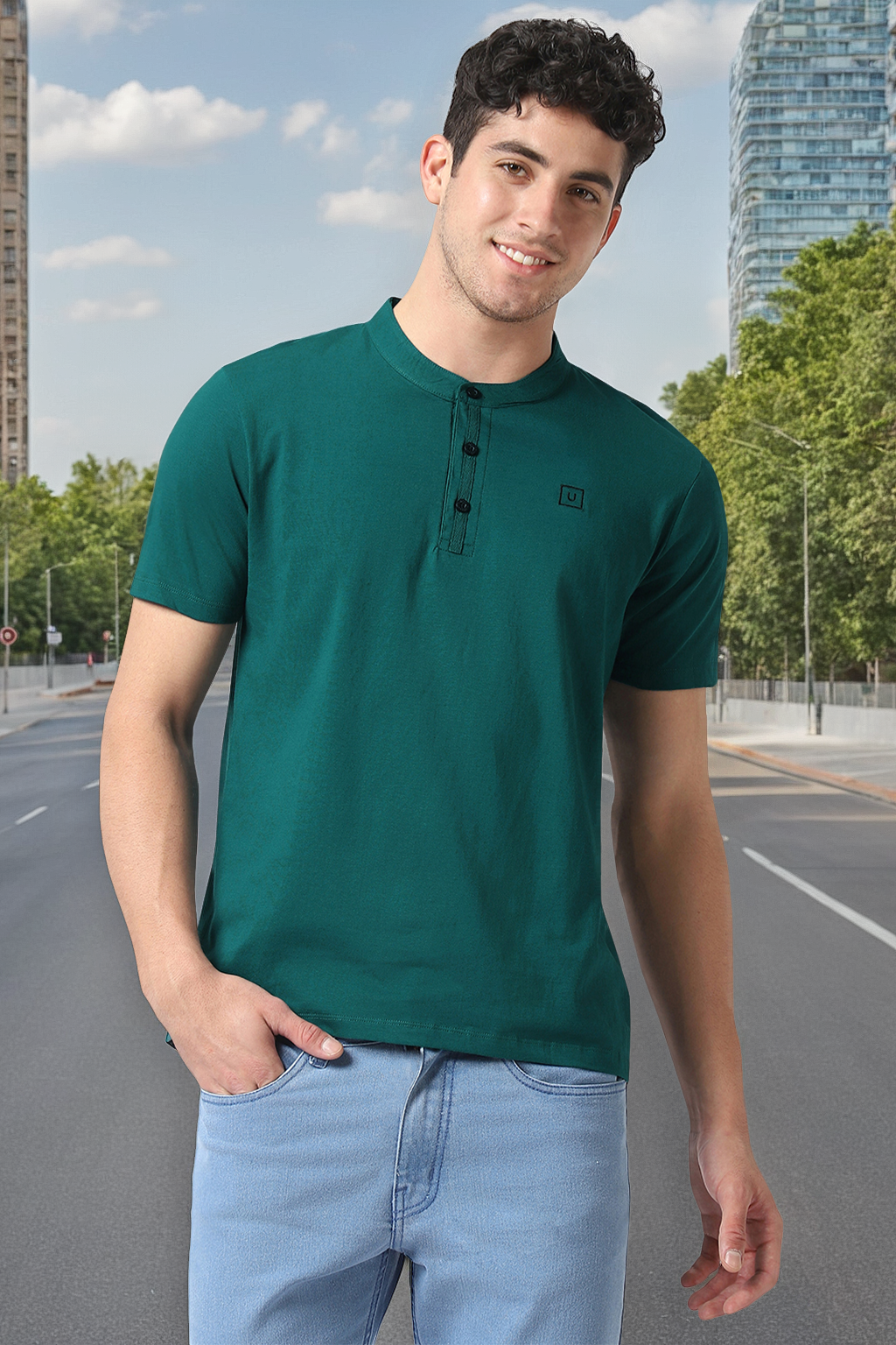 Men's Dark Green Solid Mandarin Collar Slim Fit Cotton T-Shirt