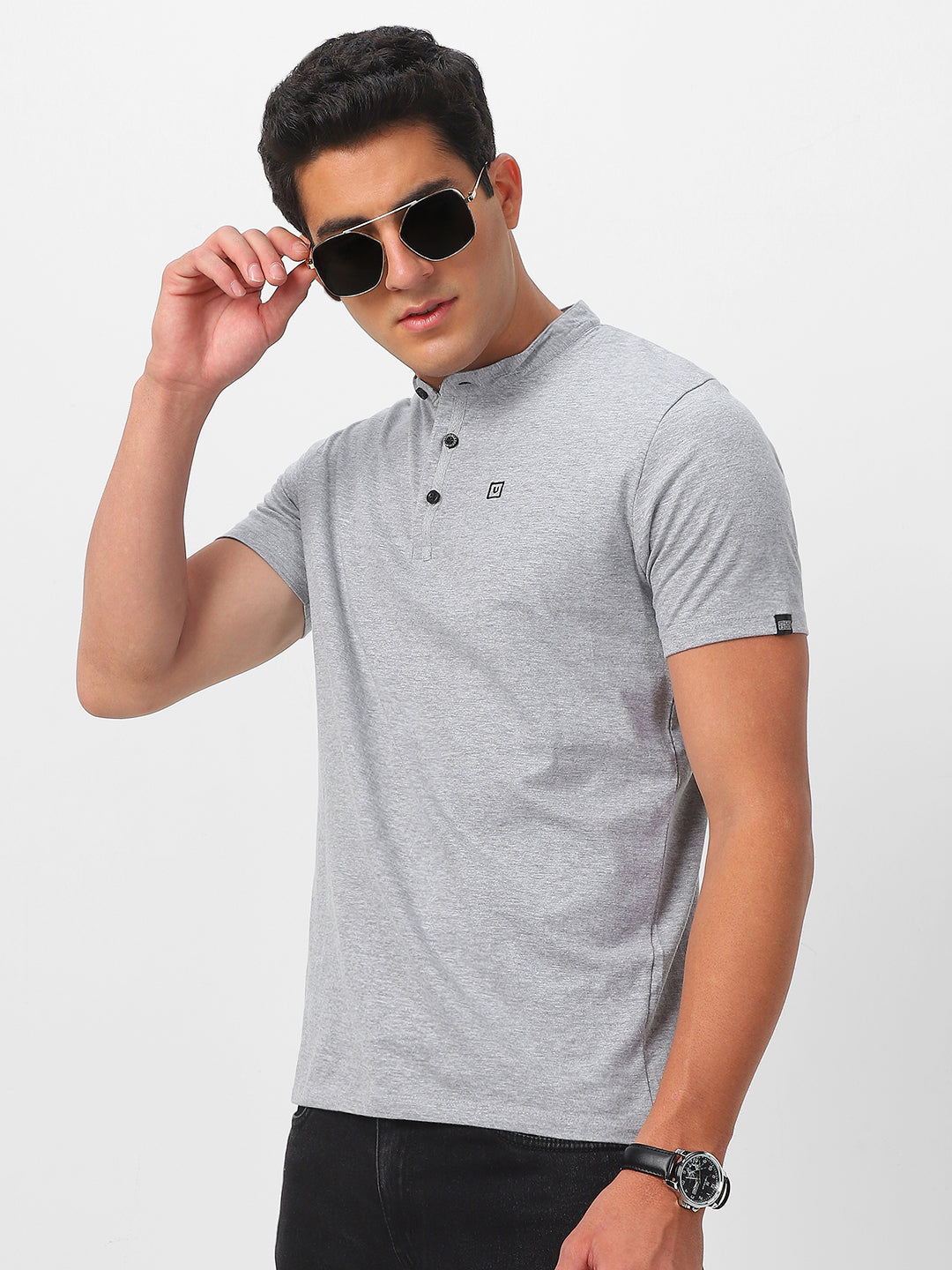 Men's Grey Melange Solid Mandarin Collar Slim Fit Half Sleeve Cotton T-Shirt