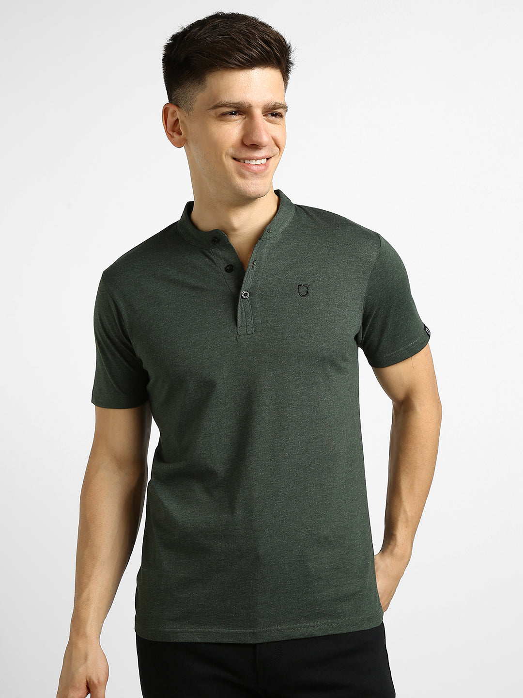 Men's Green Melange Solid Mandarin Collar Slim Fit Half Sleeve Cotton T-Shirt