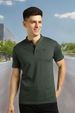 Men's Green Melange Solid Mandarin Collar Slim Fit Half Sleeve Cotton T-Shirt