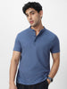 Men's Indigo Blue Solid Mandarin Collar Slim Fit Half Sleeve Cotton T-Shirt