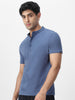 Men's Indigo Blue Solid Mandarin Collar Slim Fit Half Sleeve Cotton T-Shirt