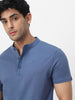 Men's Indigo Blue Solid Mandarin Collar Slim Fit Half Sleeve Cotton T-Shirt