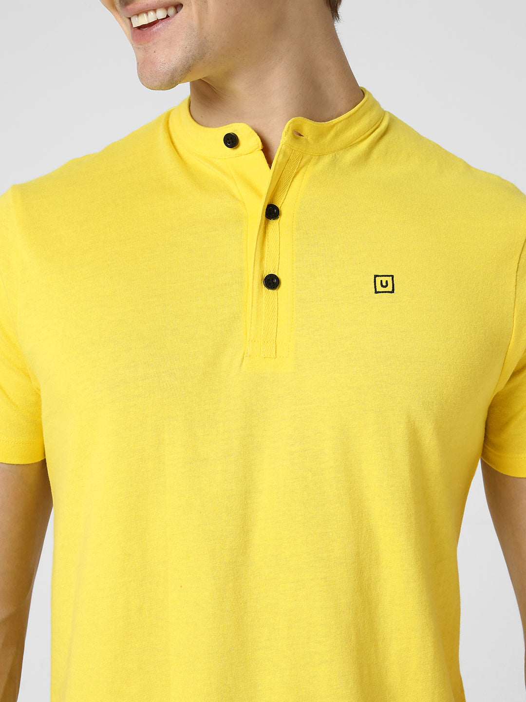 Men's Mustard Solid Mandarin Collar Slim Fit Cotton T-Shirt