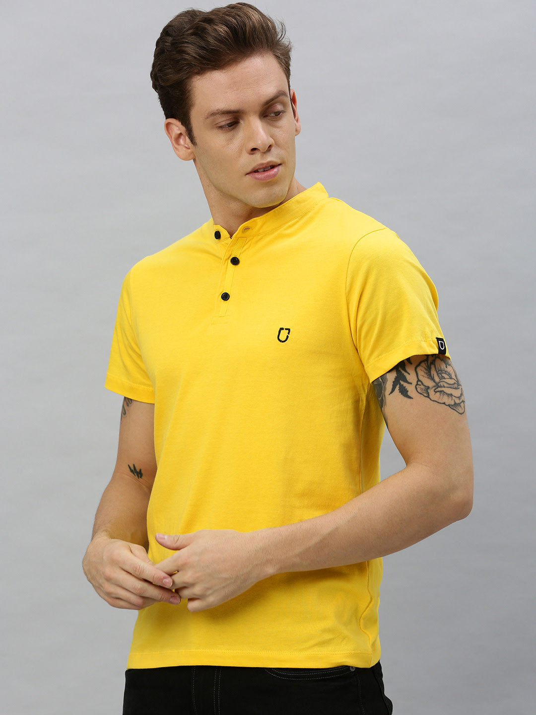 Men's Mustard Solid Mandarin Collar Slim Fit Cotton T-Shirt