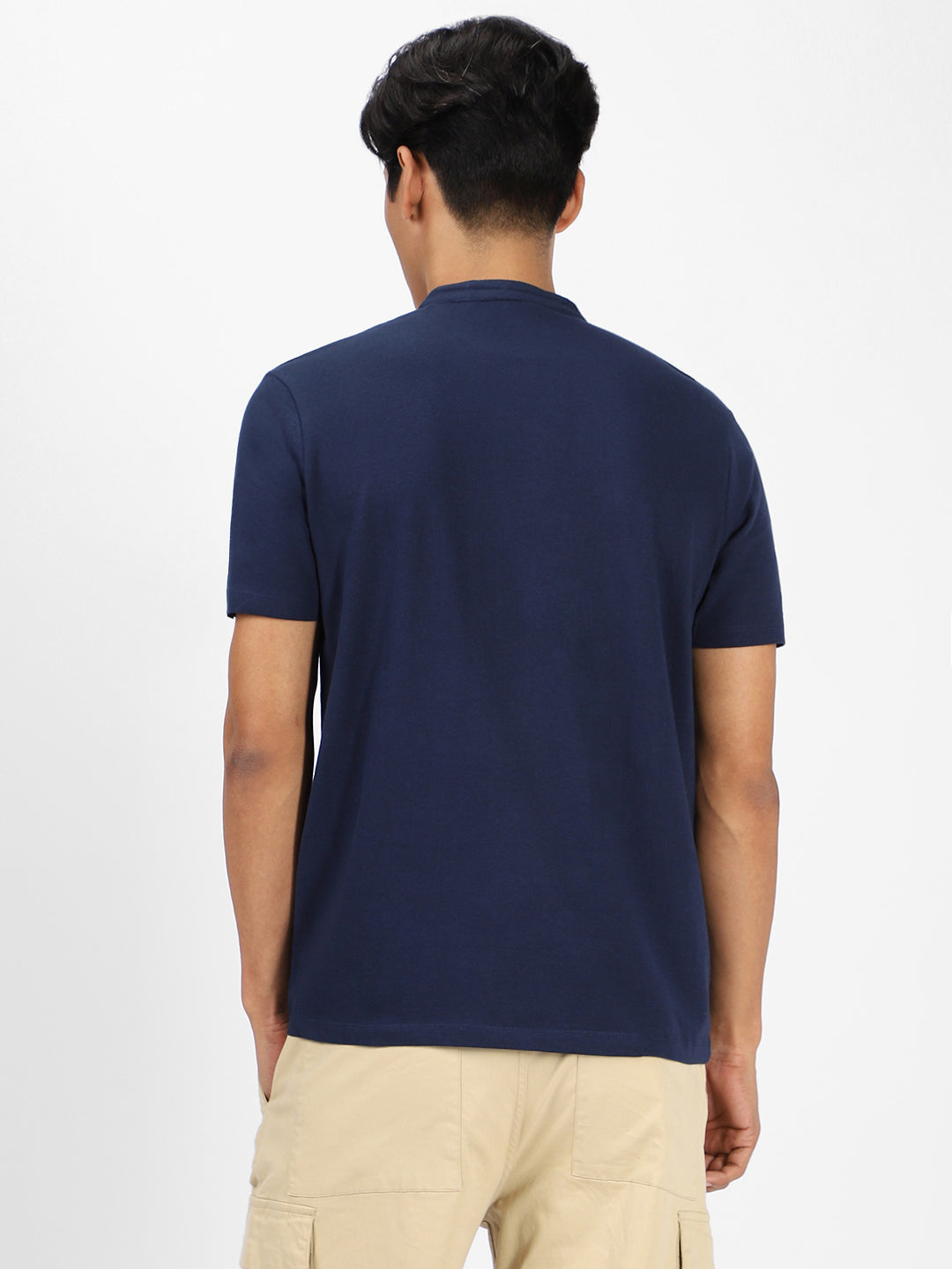 Men's Navy Blue Solid Mandarin Collar Slim Fit Cotton T-Shirt