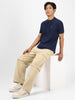 Men's Navy Blue Solid Mandarin Collar Slim Fit Cotton T-Shirt