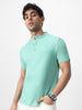 Men's Nile Blue Solid Mandarin Collar Slim Fit Half Sleeve Cotton T-Shirt